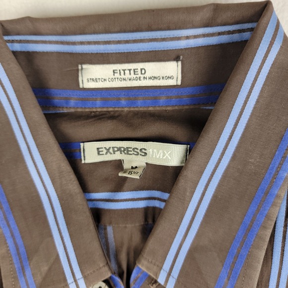 Express Other - Express 1MX Fitted Shirt Mens Medium Brown Blue Vertical Stripe Stretch Cotton